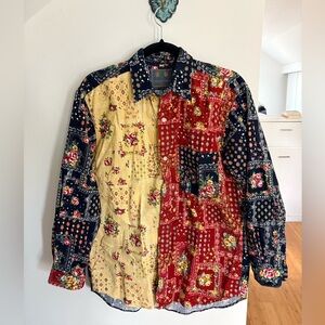 Patchwork Floral Button-Down Shirt - Red, Yellow & Navy